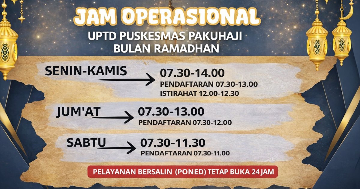 Keterangan Foto: Jadwal penyesuaian jam operasional UPTD Puskesmas Pakuhaji selama bulan Ramadhan, dengan layanan persalinan (PONED) tetap buka 24 jam.