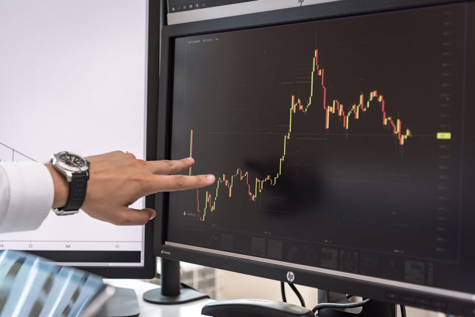 Tampilan chart candlestick profesional pada layar monitor dengan indikator Moving Average dan volume transaksi yang menunjukkan tren pasar yang jelas.