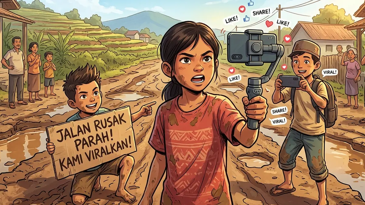 Ilustrasi bocah kritik jalan rusak. Kepala Dinas PUPR Kalbar sebut penanganan jalan rusak yang viral dikritik bocah dalam video merupakan kewenangan Pemerintah Kabupaten Sintang.(GENERATED BY GEMINI AI)