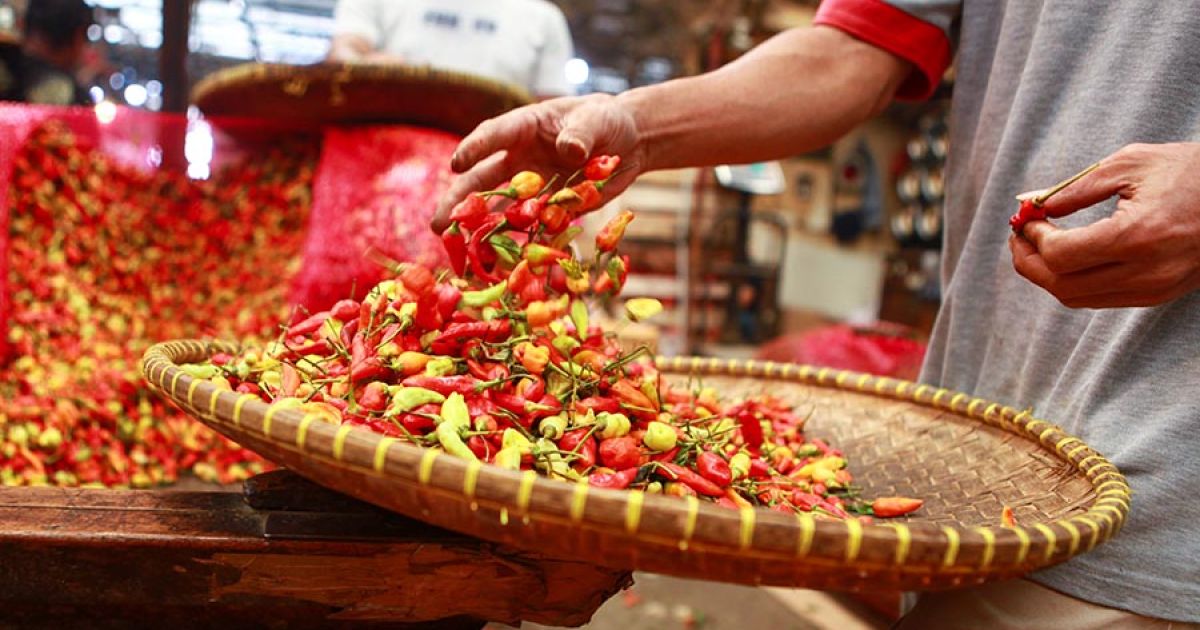 Pedagang merapihkan cabai rawit di Pasar Kramat Jati, Jakarta beberapa waktu silam. (Foto Bloomberg Technoz/Andrean Kristianto)