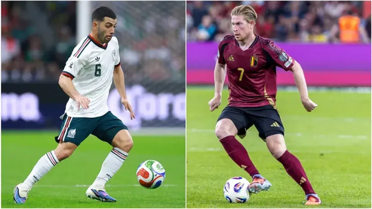 © Manuel Velasquez/Omar Havana/Getty Images Erik Lira dari Meksiko dan Kevin De Bruyne dari Belgia.