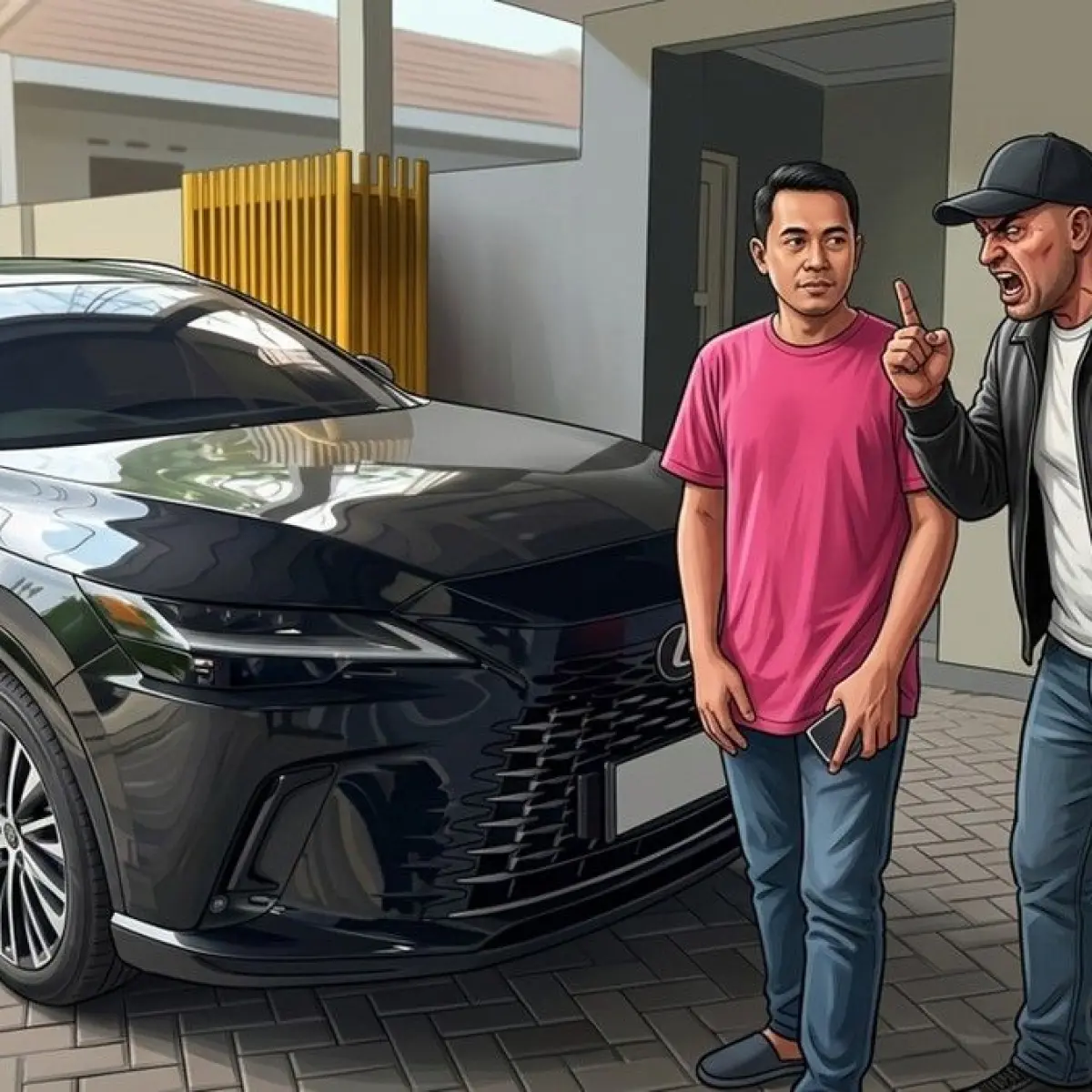 Ilustrasi upaya tarik paksa mobil Lexus oleh sekelompok Debt Collector Foto: (Gemini AI)