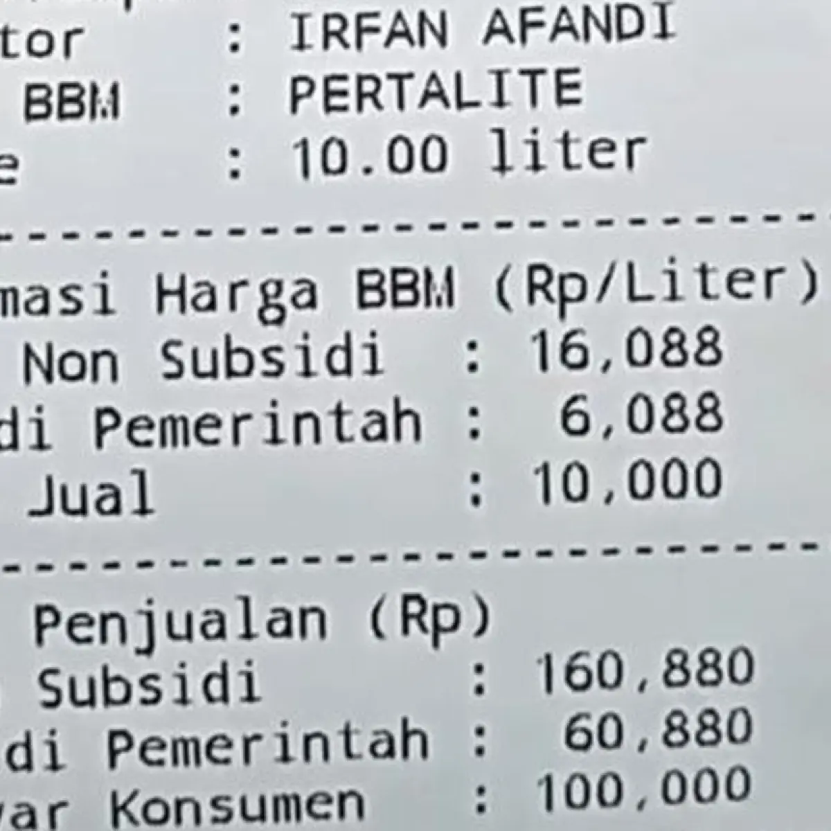 Struk pembelian Pertalite(Dok. Instagram @cobisnis)