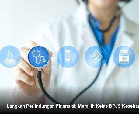 Ilustrasi seorang keluarga sedang memegang kartu BPJS Kesehatan dengan latar belakang fasilitas kesehatan modern.