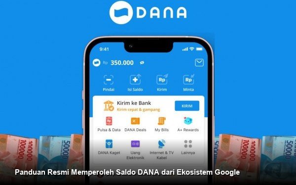 Tampilan antarmuka aplikasi DANA yang terhubung dengan perangkat seluler yang menampilkan notifikasi dari layanan Google.