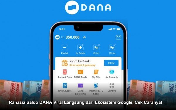 Tampilan ponsel pintar menunjukkan notifikasi aplikasi DANA dan logo Google yang berdampingan.