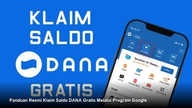 Tampilan antarmuka aplikasi ponsel yang menunjukkan notifikasi klaim saldo DANA dari program resmi Google.