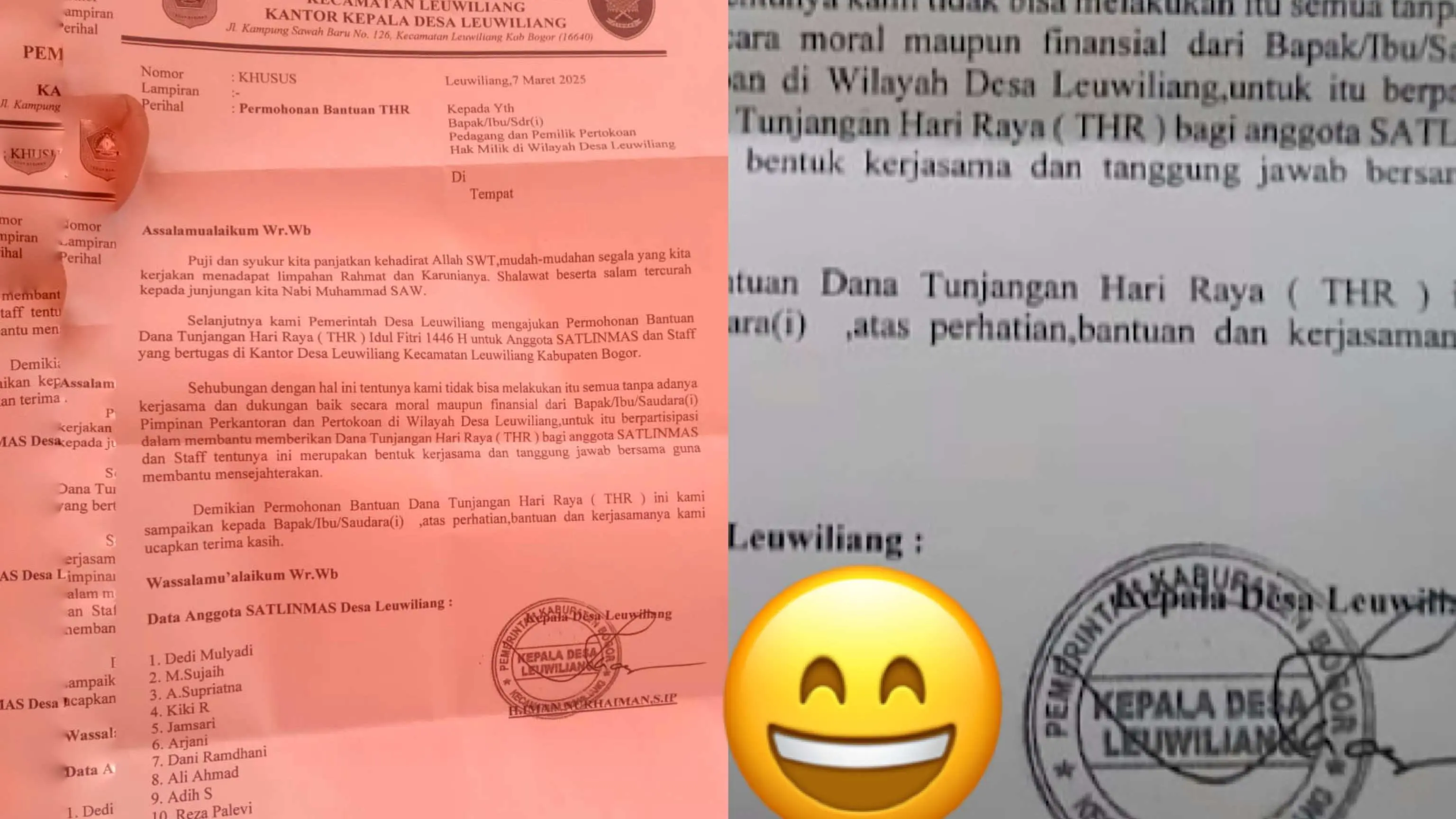 Hallo Kang Dedi Mulyadi! Beredar Nih Surat Minta THR dari Desa Leuwiliang Bogor ke Pedagang