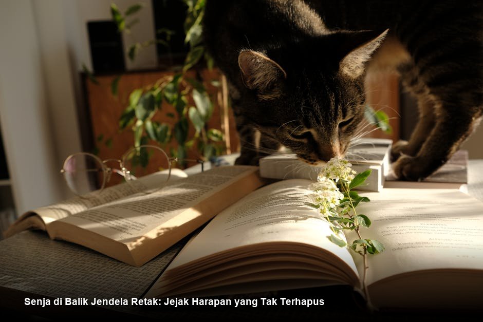 Siluet seorang pemuda yang duduk di ambang jendela kayu yang sedikit retak, memegang buku di tangan, sementara cahaya senja keemasan menyinari debu halus di udara.