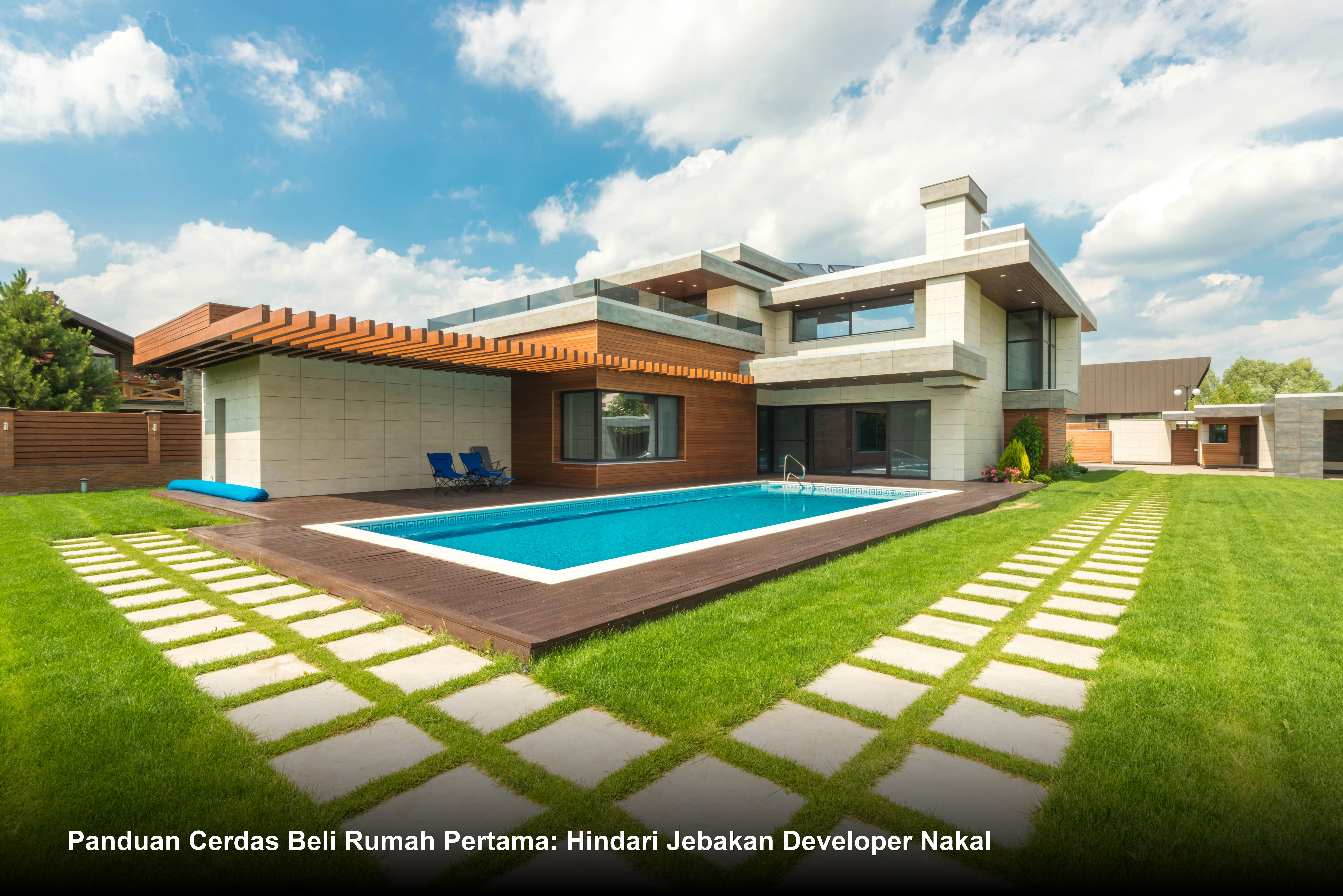 Seorang pasangan muda tersenyum bahagia menandatangani dokumen akad kredit dengan didampingi staf bank di depan tampak depan rumah minimalis modern yang baru mereka beli.