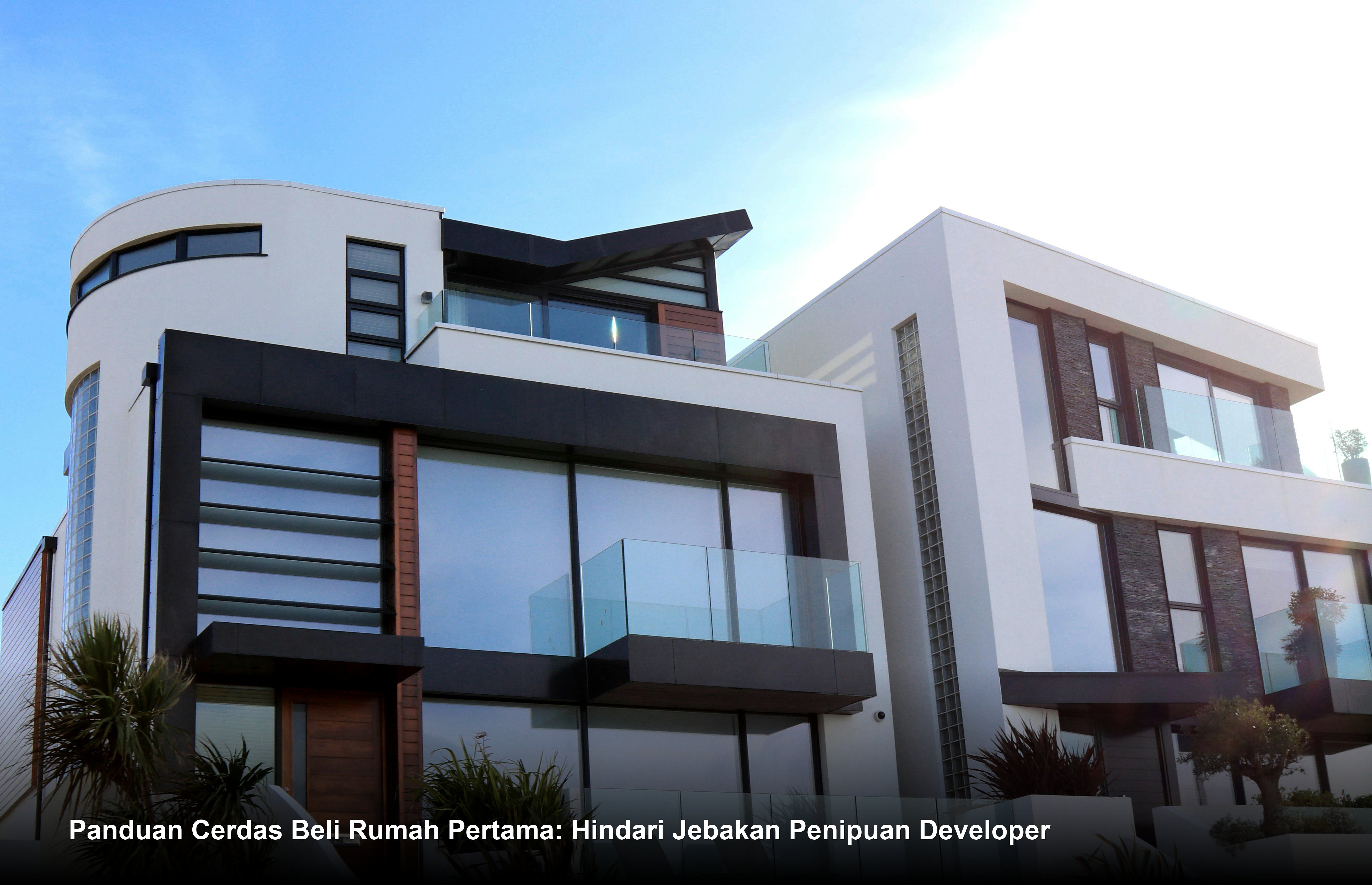 Seorang profesional properti sedang memegang miniatur rumah minimalis di depan maket perumahan modern yang asri.