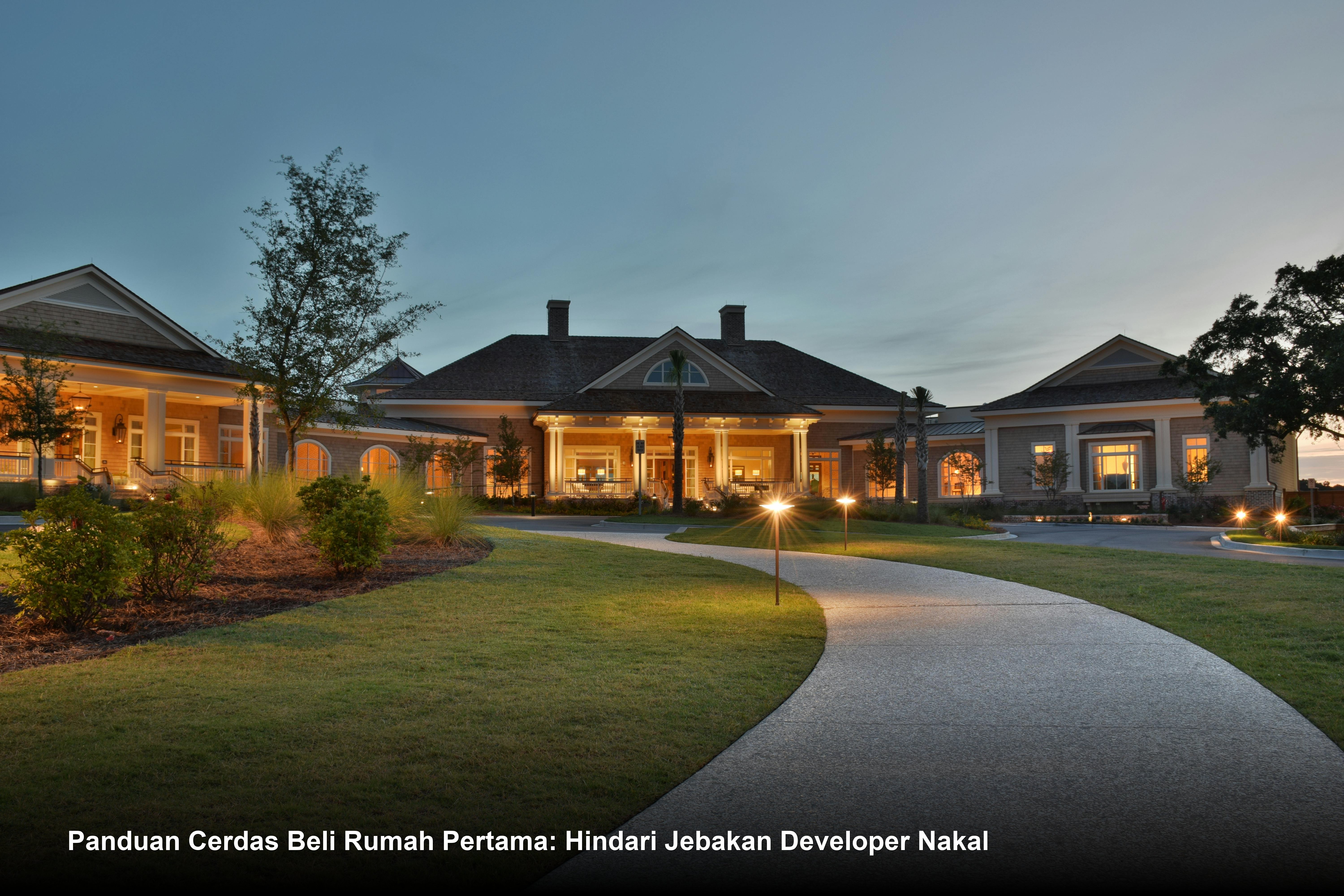 Pasangan muda sedang meninjau detail denah rumah minimalis modern bersama seorang agen properti di depan lokasi proyek yang sedang dibangun.
