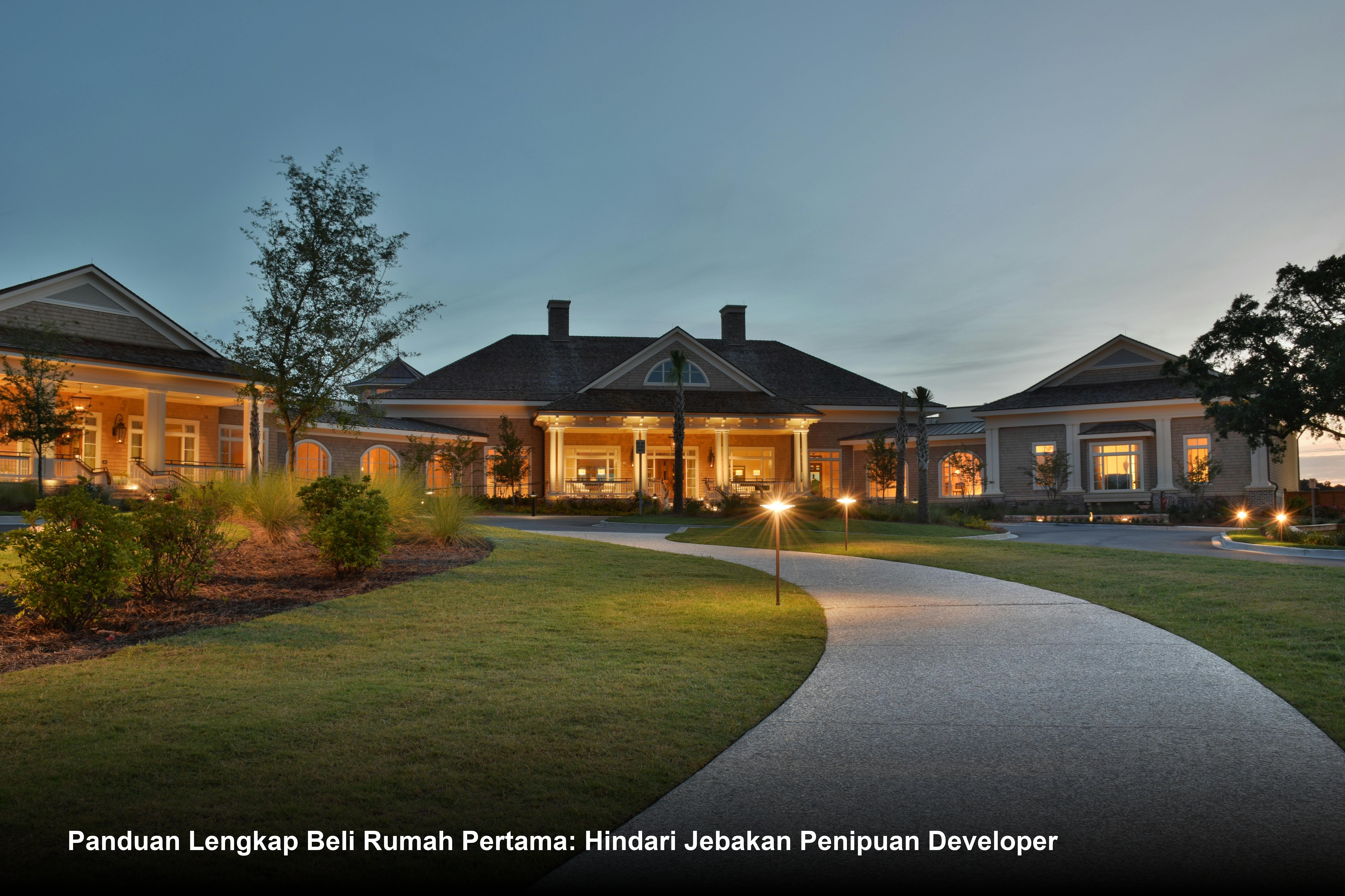 Seorang profesional properti sedang menjelaskan dokumen akad kredit KPR di depan model rumah minimalis modern di kantor bank.