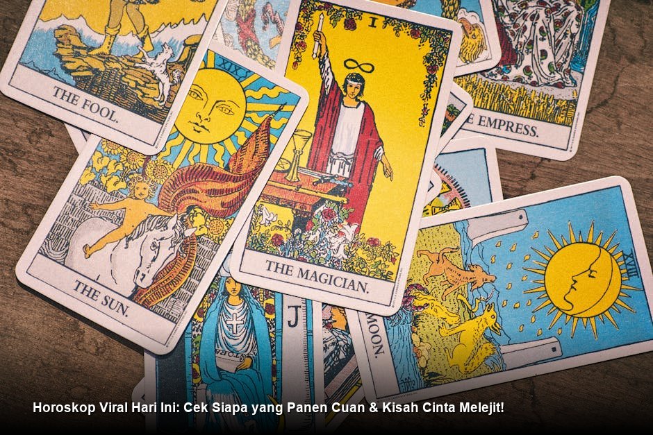 Ilustrasi digital yang menampilkan rasi bintang bercahaya dengan simbol-simbol zodiak yang saling terhubung oleh garis emas.