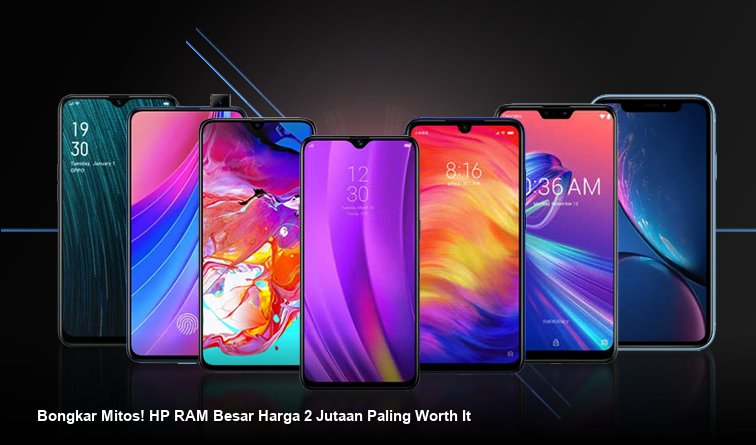 Tumpukan smartphone modern dengan indikator RAM yang menonjol di latar belakang.
