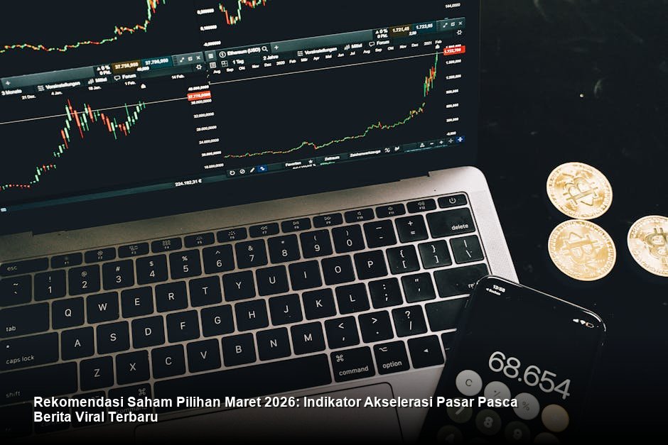 Tampilan grafik lilin (candlestick) saham berwarna hijau yang menunjukkan tren kenaikan stabil di tengah latar belakang ruang trading bursa saham modern.