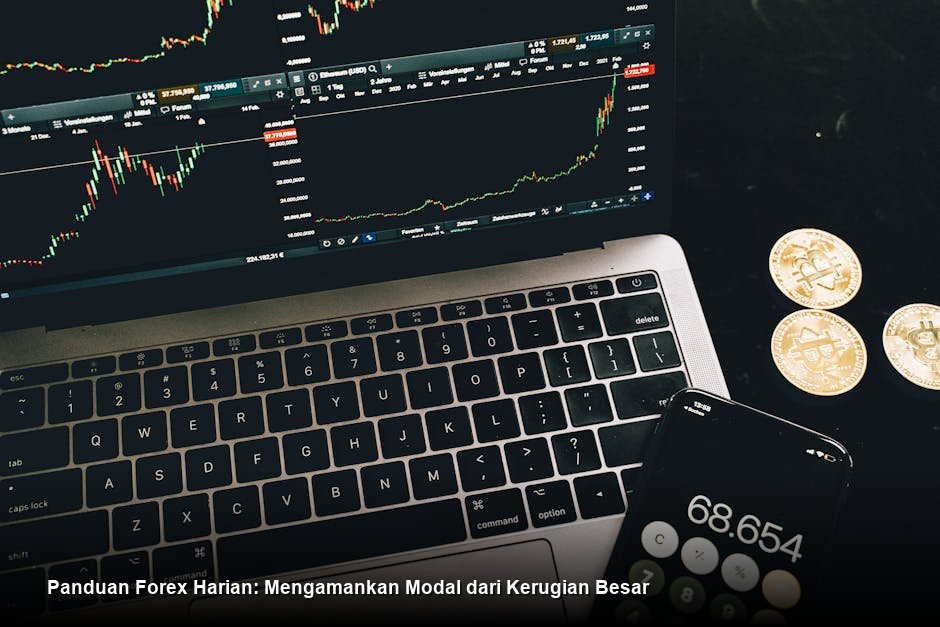 Deskripsi chart harga dengan indikator warna-warni di layar laptop yang tampak profesional, menunjukkan analisis teknikal yang ketat.