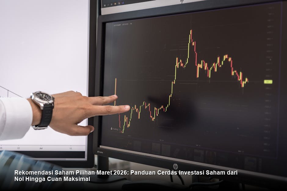 Visualisasi grafik *candlestick* saham berwarna hijau cerah yang menunjukkan tren kenaikan kuat di tengah latar belakang *trading desk* modern.