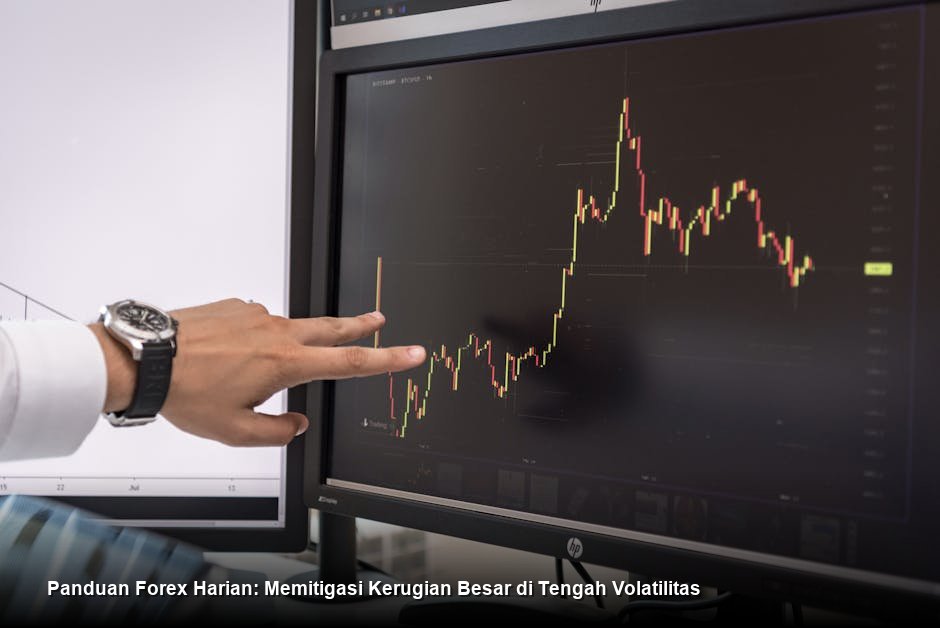 Deskripsi chart harga dengan indikator warna-warni di layar laptop yang tampak profesional, menyoroti level support dan resistance yang jelas.