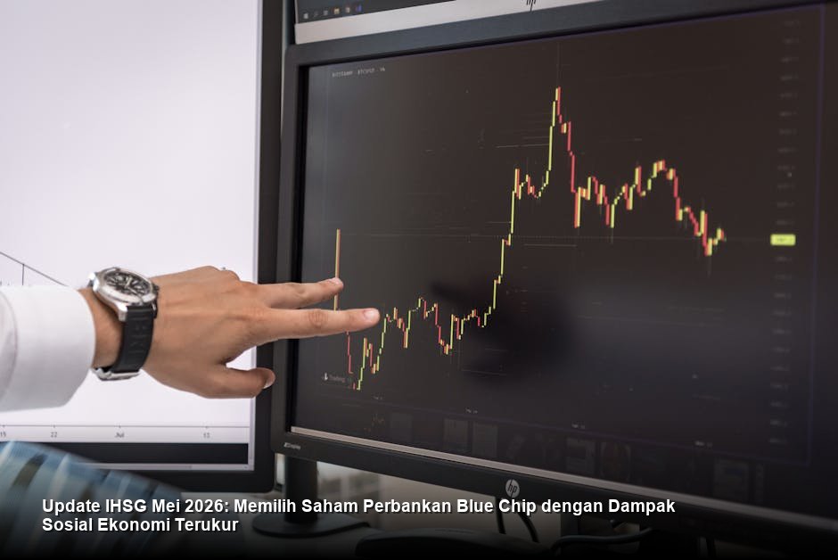 Visualisasi grafik lilin (candlestick) saham berwarna hijau yang menunjukkan tren kenaikan stabil di atas rata-rata pergerakan harga (MA) dalam suasana ruang trading modern.
