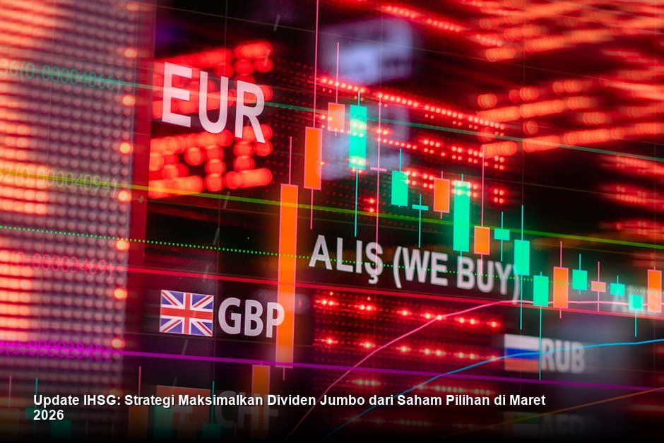 Grafik candlestick saham berwarna hijau yang menunjukkan tren kenaikan kuat dengan latar belakang gedung bursa saham modern dan layar digital harga saham yang bergerak cepat.